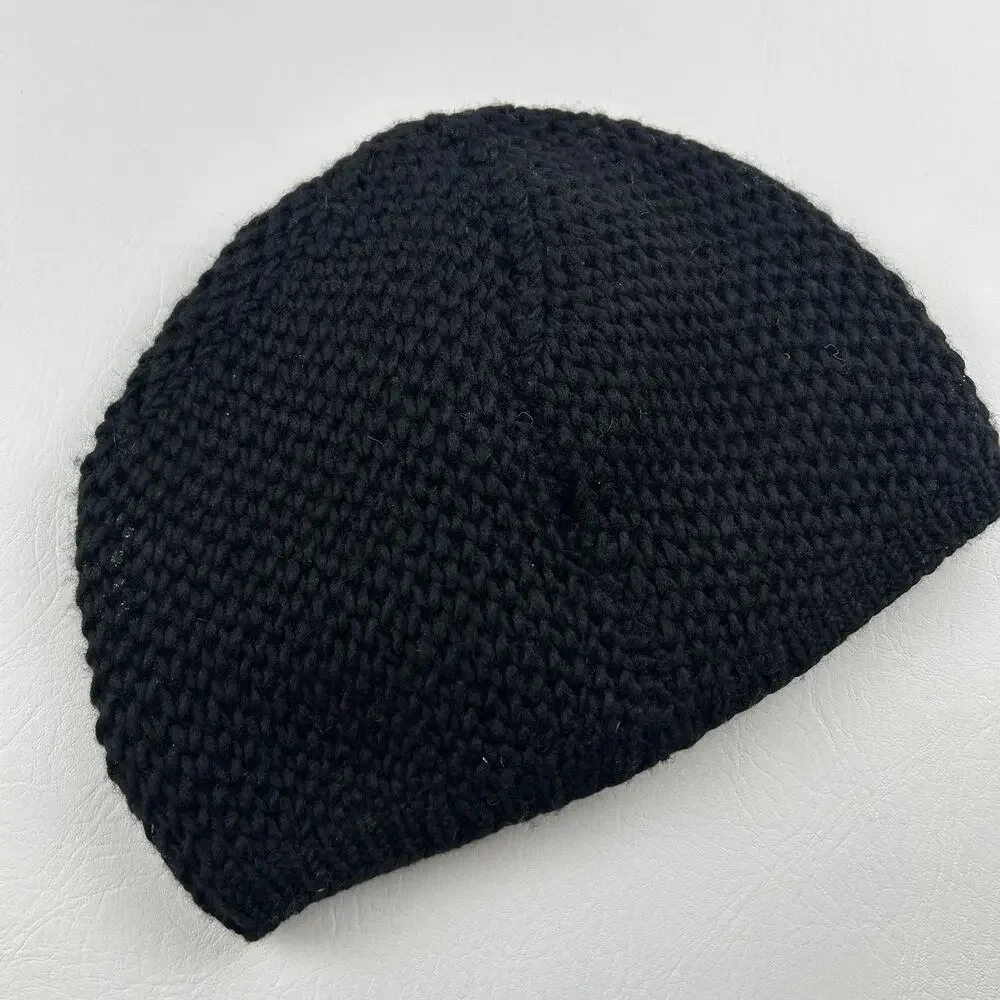 French Knot Black Wool Floral Embroidered Beanie Hat Lined One Size Women